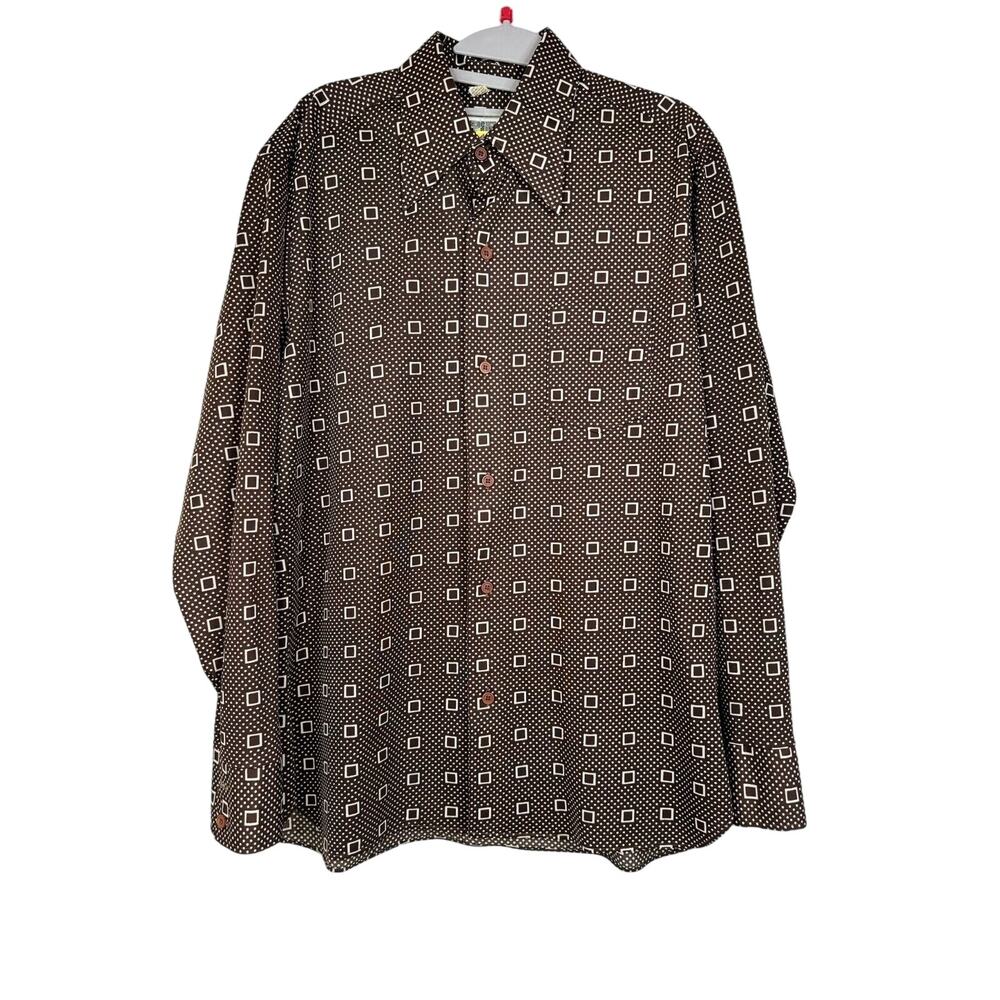 Vintage 1970s Spire Mens Brown Geometric Button Up Shirt Size Large